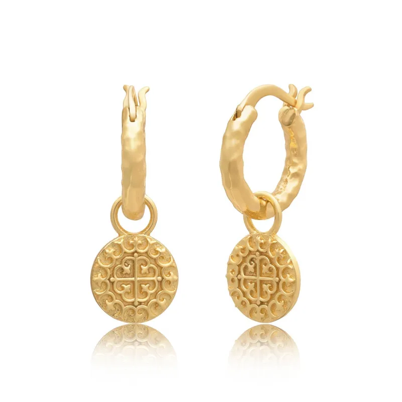 Lyra Hammered Hoop and Coin Charm Earrings sold by Azuni London