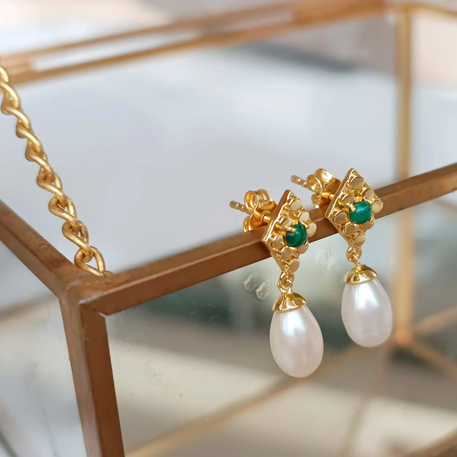 Drop Pearl and Malachite Earrings sold by Azuni London product image thumbnail 3