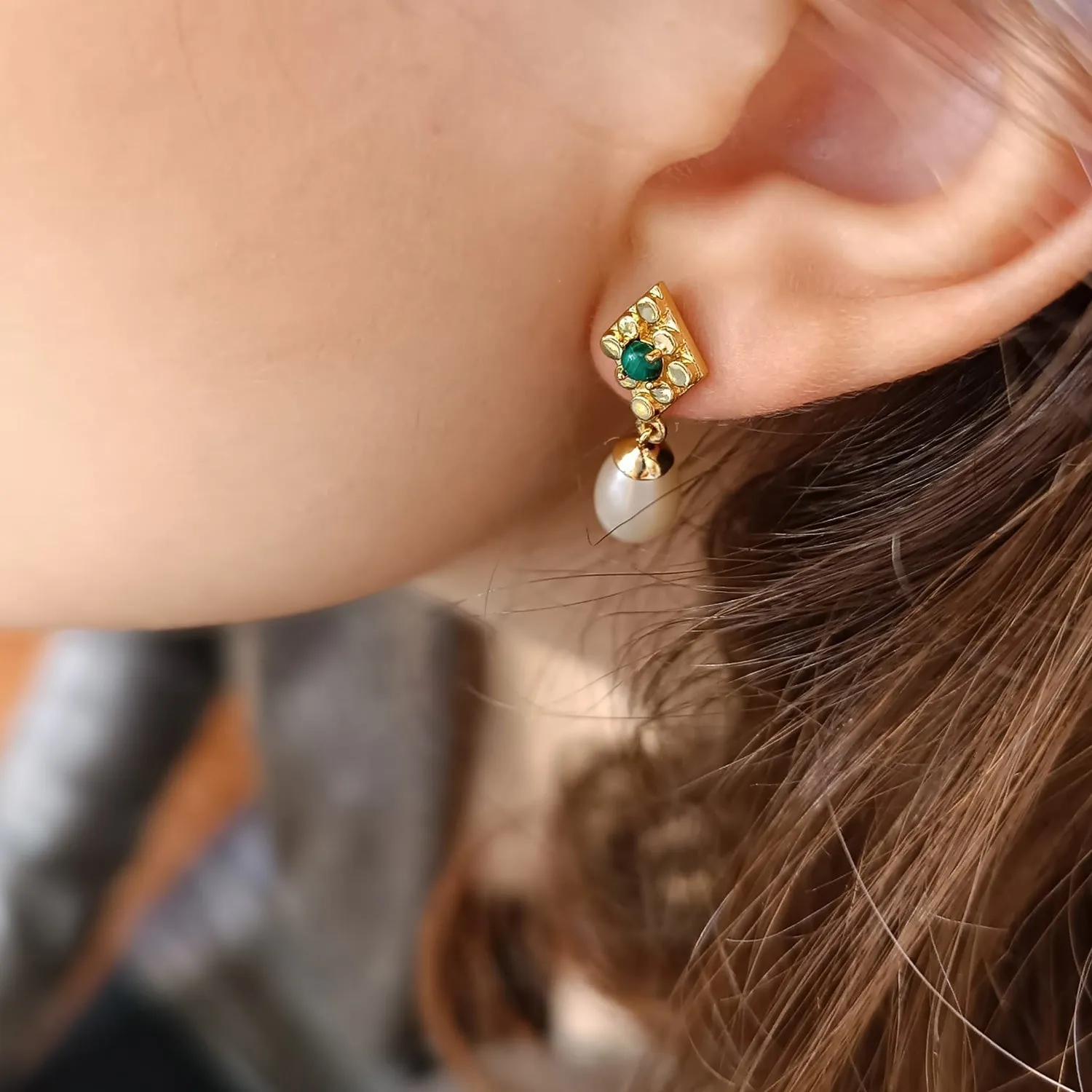 Drop Pearl and Malachite Earrings sold by Azuni London