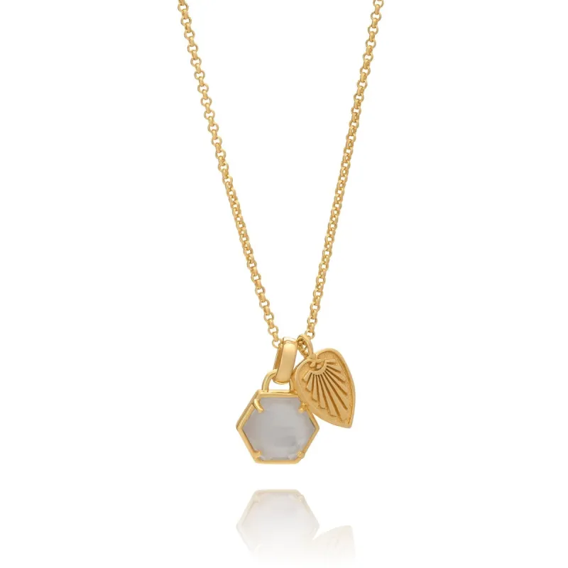 Thea Hexagon Gemstone and Palm Leaf Charm Necklace sold by Azuni London