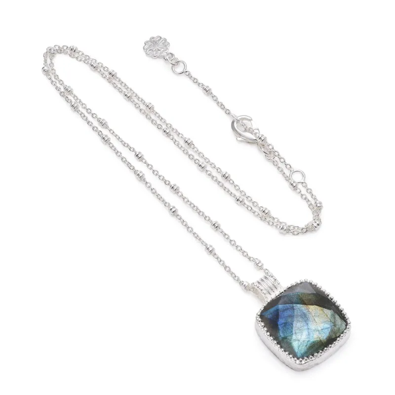 Tetra Large Square Gemstone Pendant: Silver Labradorite sold by Azuni London