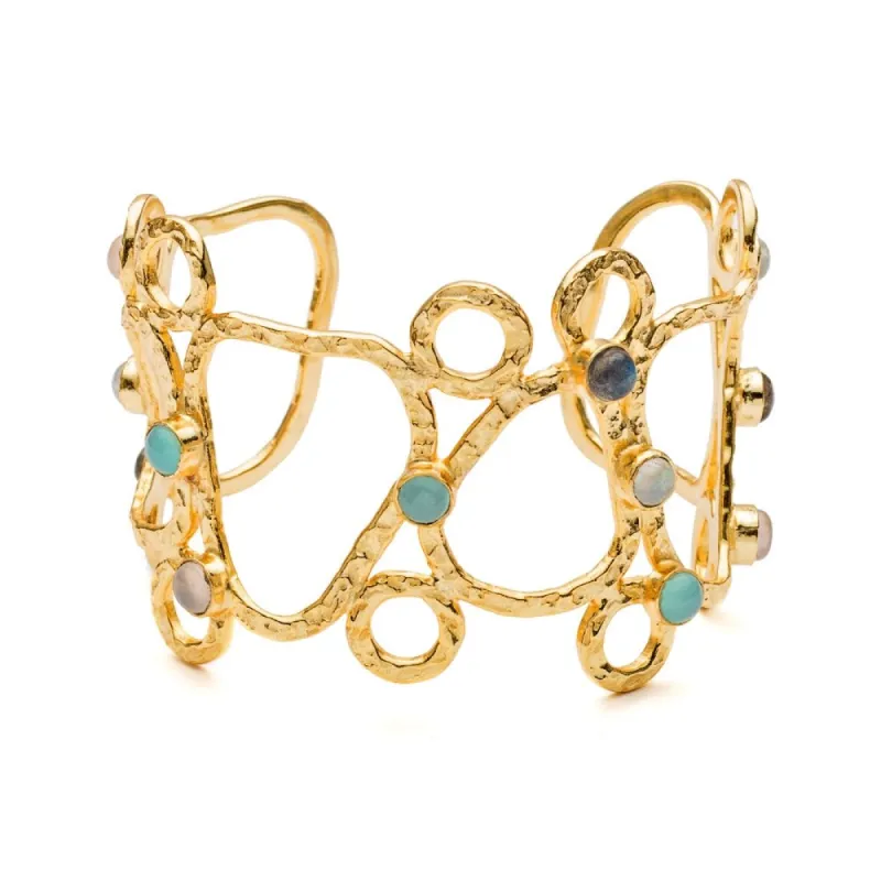 Thalia Sculptural Cuff with Rose Quartz, Moonstone, Labradorite & Pariba Onyx sold by Azuni London