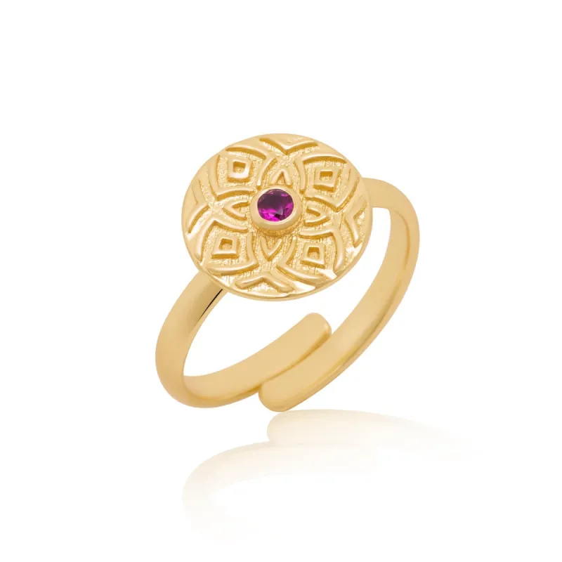 Pantheon Ornate Disc Ring with Set Pink Zircon sold by Azuni London