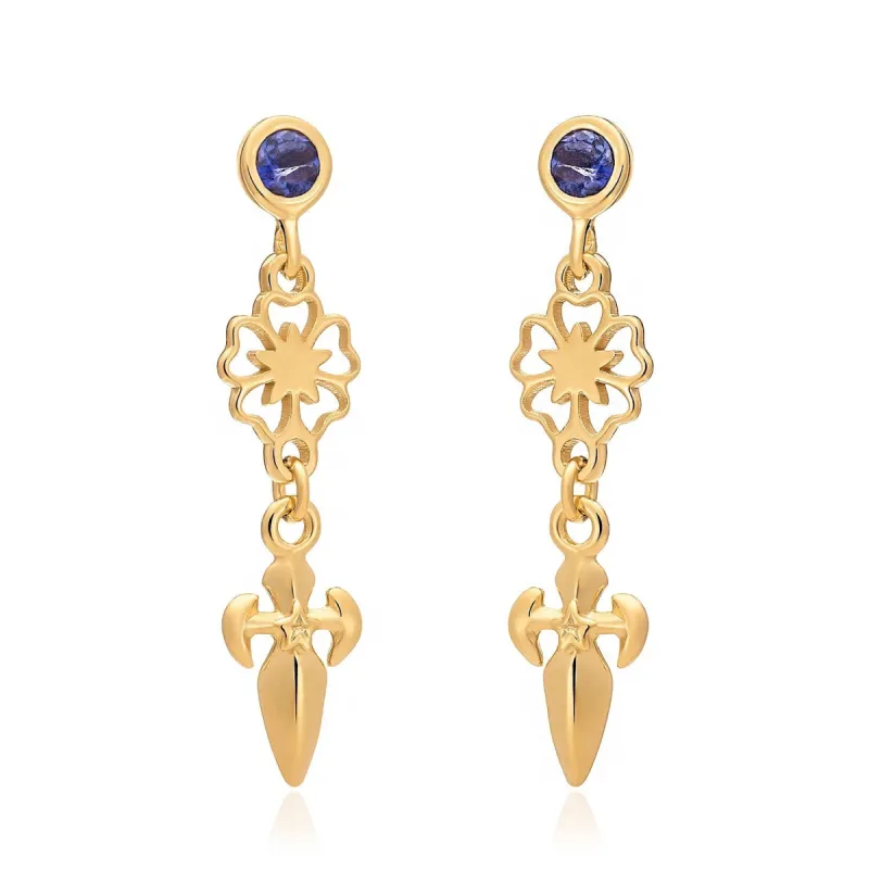 Dagger and Rose Drop Earrings with Iolite sold by Azuni London