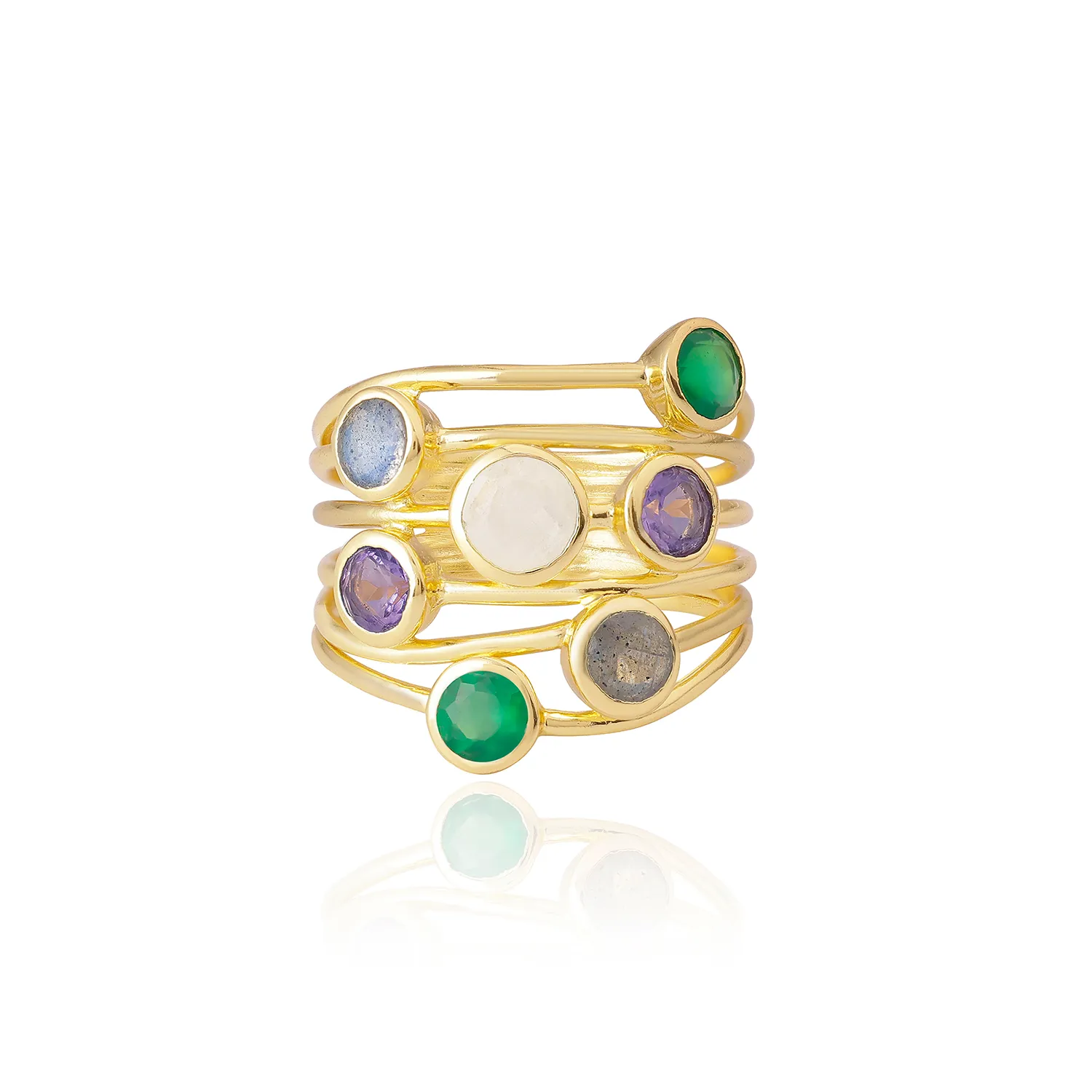 Iona Entwined Ring: Green Onyx, Amethyst, Moonstone & Labradorite sold by Azuni London