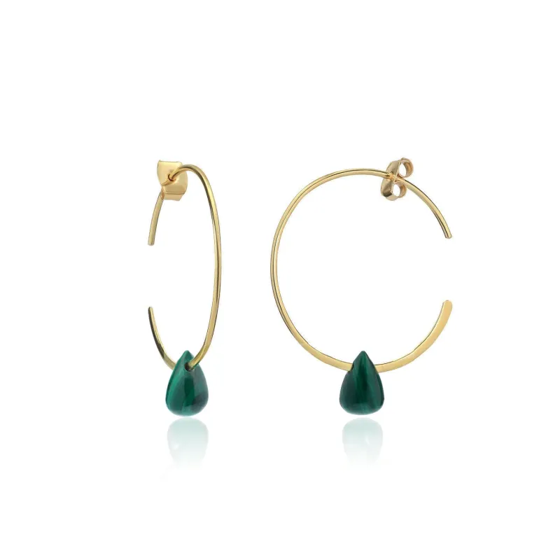 Hera Wire Hoop Earrings with Teardrop Stone: Gold Malachite sold by Azuni London