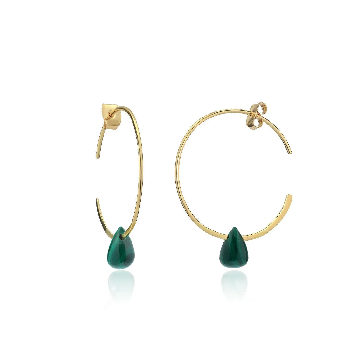 Hera Wire Hoop Earrings with Teardrop Stone: Gold Malachite sold by Azuni London