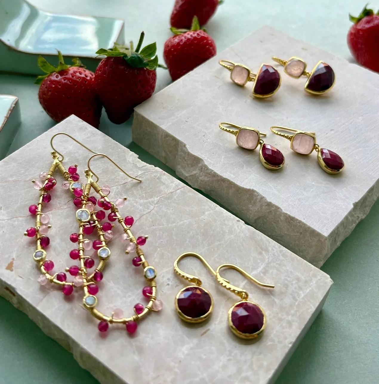 Hydra Large Teardrop Wire-Wrapped Gemstone Earrings Moonstone, Rose Quartz, Pink Jade and Pink Tourmaline sold by Azuni London product image thumbnail 2