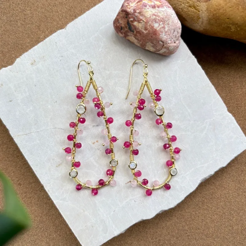 Hydra Large Teardrop Wire-Wrapped Gemstone Earrings Moonstone, Rose Quartz, Pink Jade and Pink Tourmaline sold by Azuni London