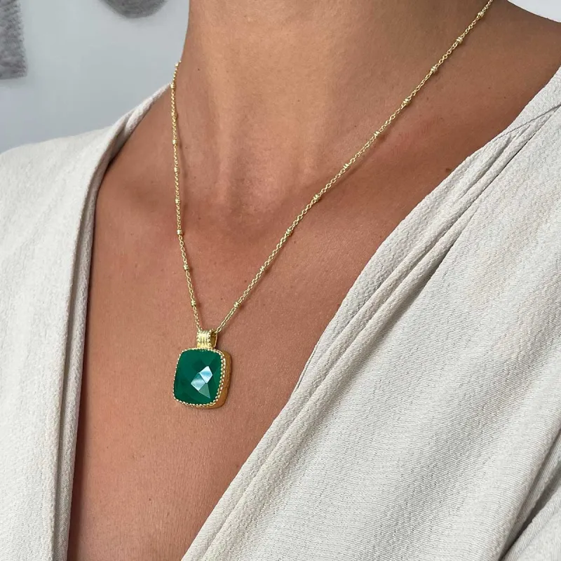 Tetra Large Square Gemstone Pendant Green Onyx sold by Azuni London