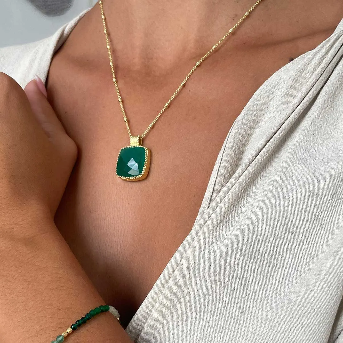 Tetra Large Square Gemstone Pendant Green Onyx sold by Azuni London product image thumbnail 5