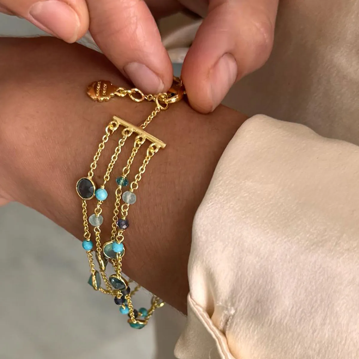 Hydra Multi-Strand Gold Chain and Gemstone Bracelet Iolite, Blue Topaz & Apatite sold by Azuni London product image thumbnail 4