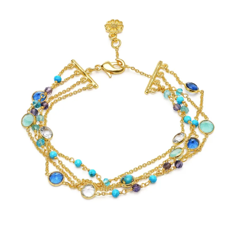 Hydra Multi-Strand Gold Chain and Gemstone Bracelet  Iolite, Blue Topaz & Apatite sold by Azuni London