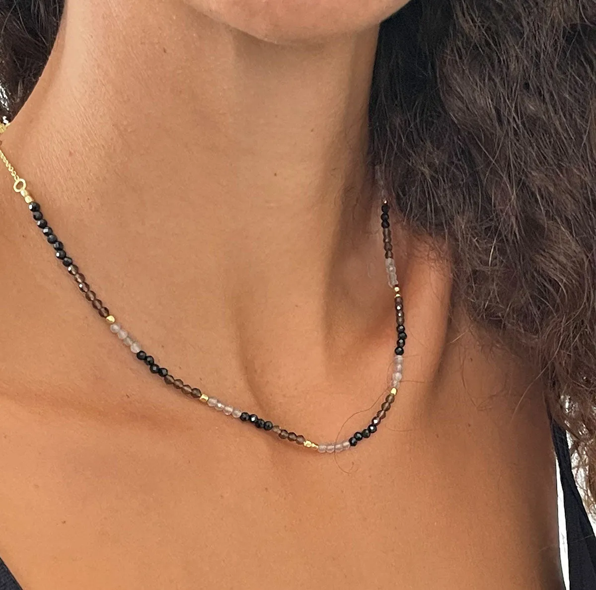 Milos Mixed Gemstone Beaded Necklace Black Onyx, Smoky Quartz & Labradorite sold by Azuni London