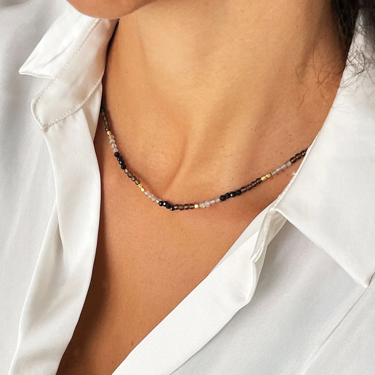 Milos Mixed Gemstone Beaded Necklace Black Onyx, Smoky Quartz & Labradorite sold by Azuni London product image thumbnail 2