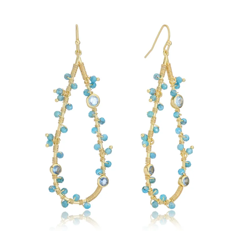 Hydra Large Teardrop Wire-Wrapped Gemstone Earrings Iolite, Blue Topaz & Apatite sold by Azuni London