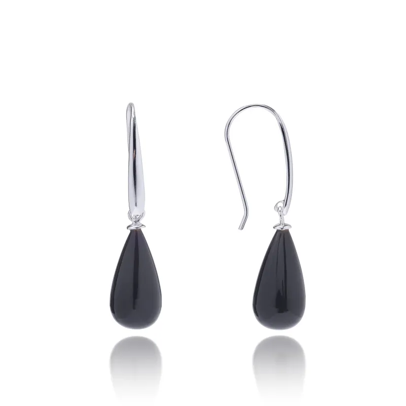 Hera Polished Stone Drop Earrings Silver Black Onyx sold by Azuni London