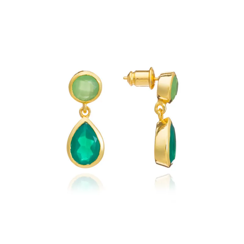 Gold Double Gemstone Drop Earrings with Green Onyx & Prenite sold by Azuni London
