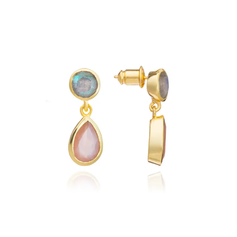 Gold Double Gemstone Drop Earrings with Peach Moonstone & Labradorite sold by Azuni London