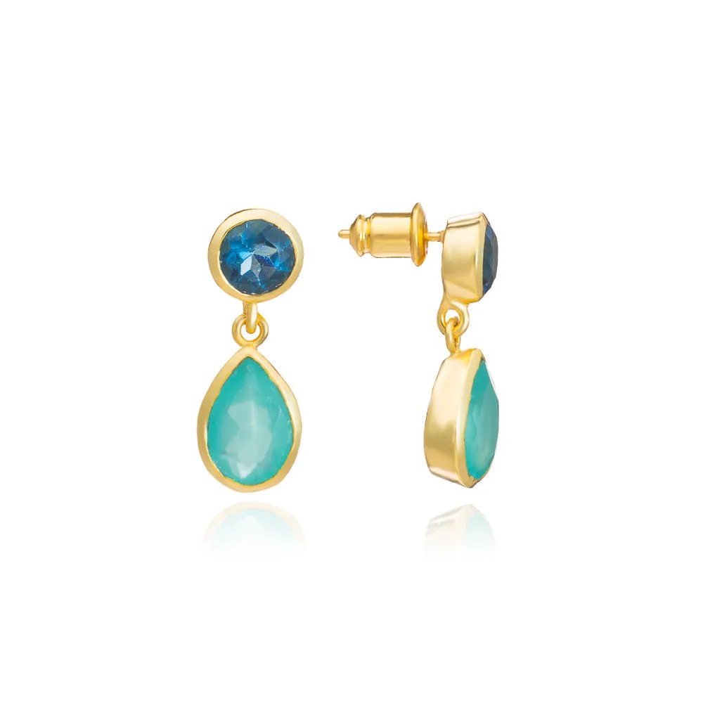 Gold Double Gemstone Drop Earrings with Pariba Onyx & Iolite sold by Azuni London