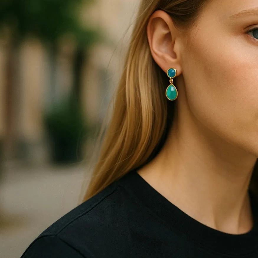 Gold Double Gemstone Drop Earrings with Pariba Onyx & Iolite sold by Azuni London product image thumbnail 2