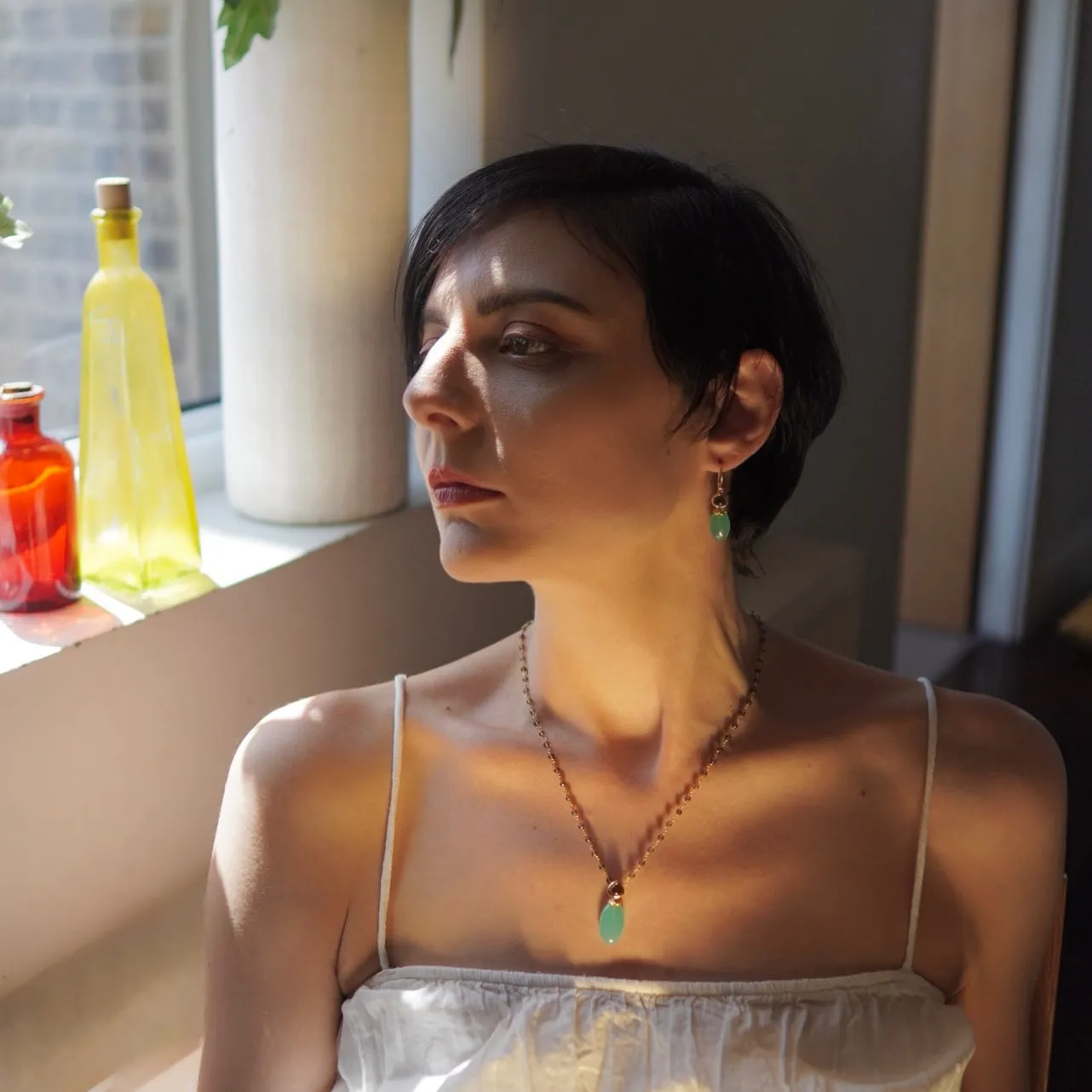 Persephone Double Gemstone Earrings Peach Moonstone & Labradorite sold by Azuni London product image thumbnail 2