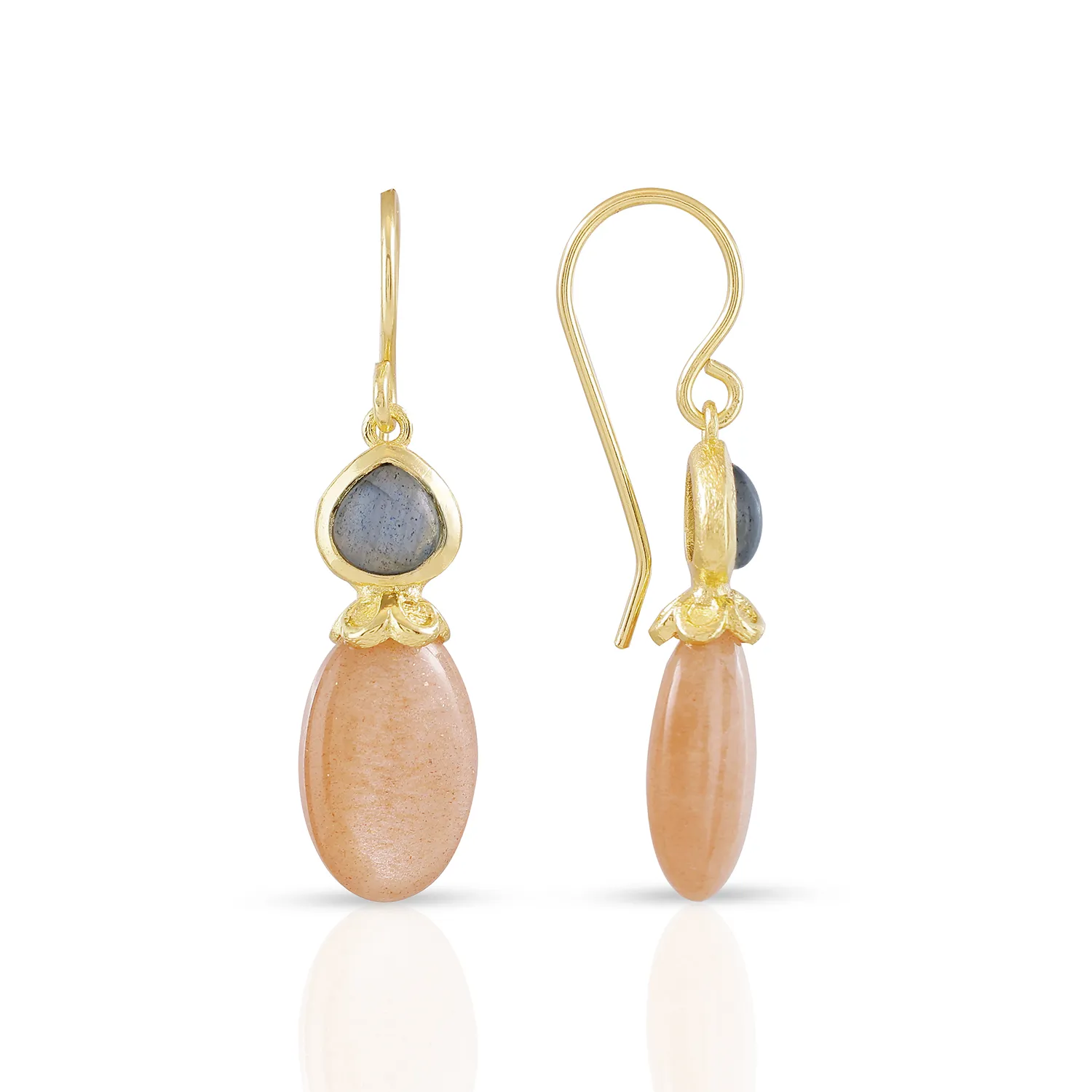 Persephone Double Gemstone Earrings Peach Moonstone & Labradorite sold by Azuni London