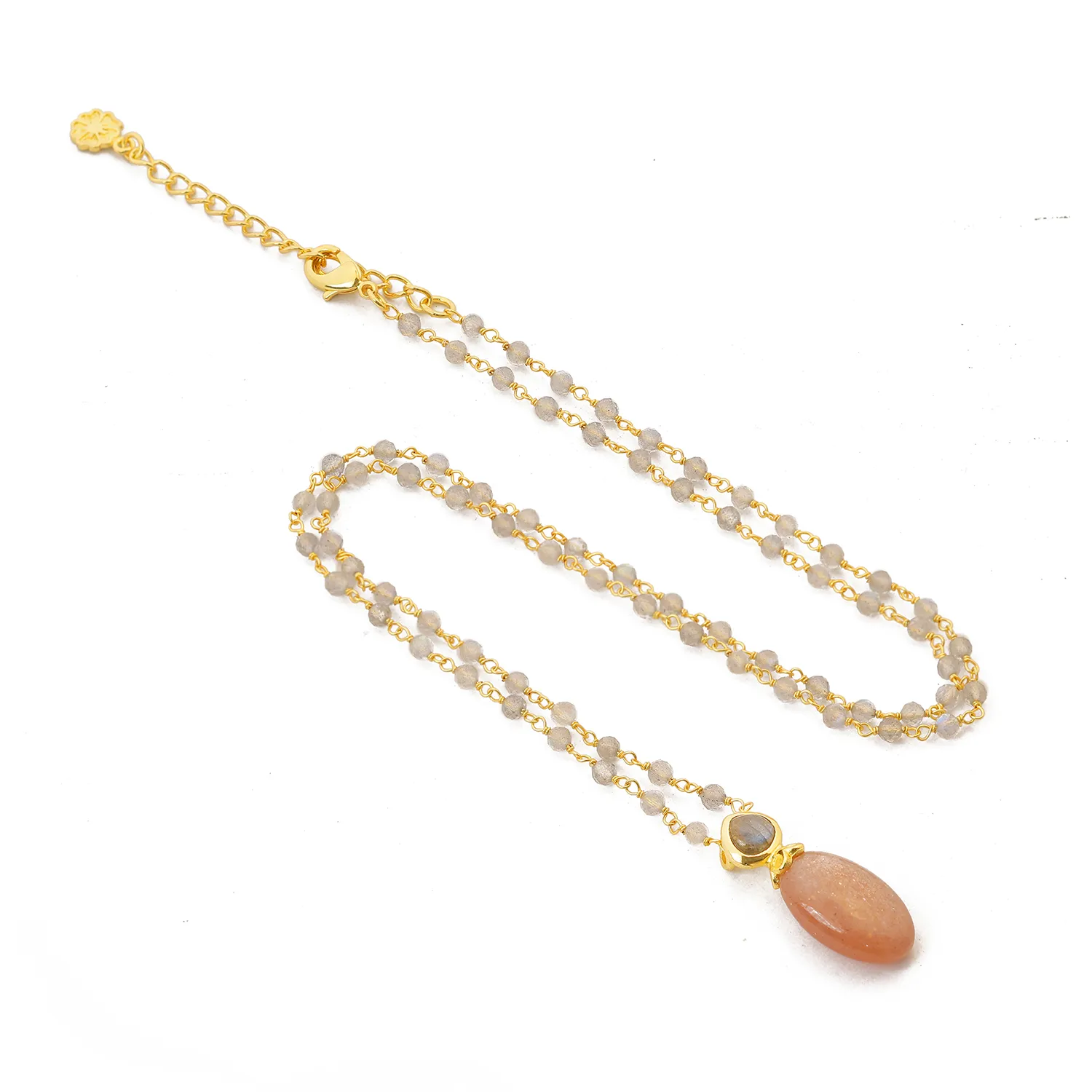 Persephone Double Gemstone Beaded Chain Necklace Peach Moonstone & Labradorite sold by Azuni London product image thumbnail 2