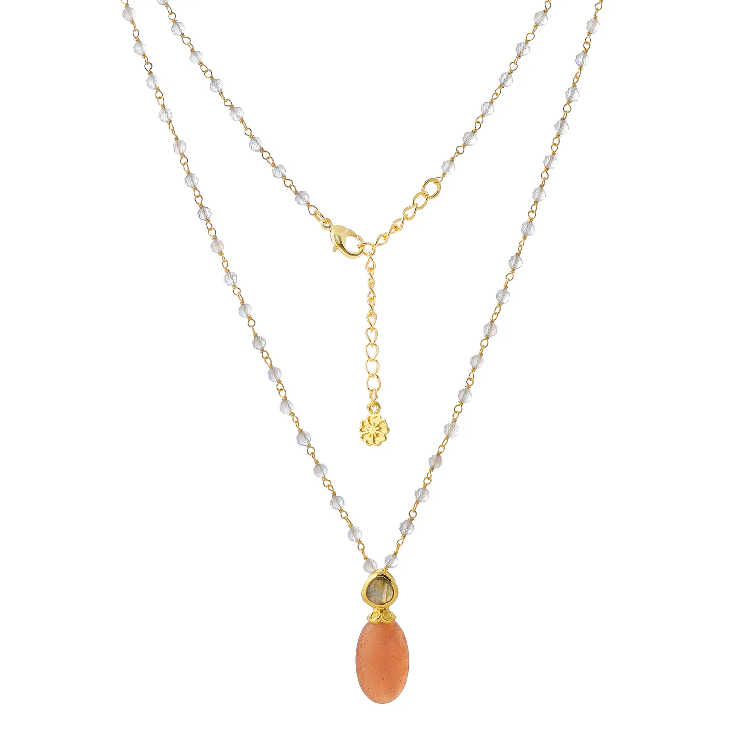 Persephone Double Gemstone Beaded Chain Necklace Peach Moonstone & Labradorite sold by Azuni London