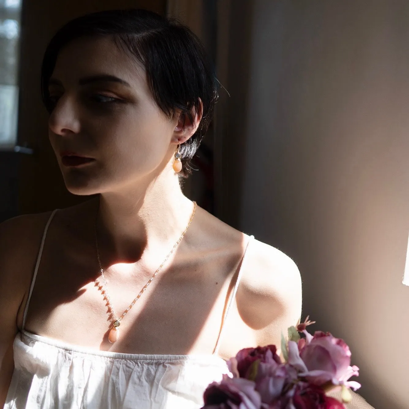 Persephone Double Gemstone Beaded Chain Necklace Peach Moonstone & Labradorite sold by Azuni London product image thumbnail 3