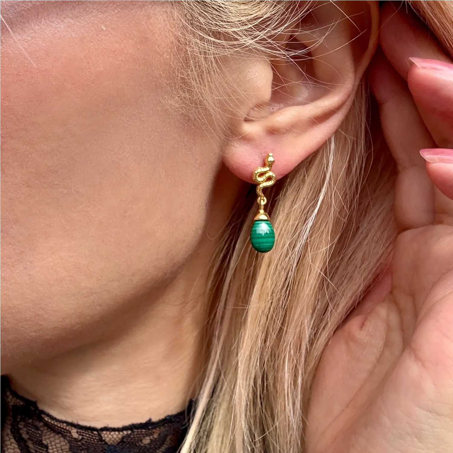 Medusa Small Gemstone Drop Earrings Malachite sold by Azuni London product image thumbnail 2