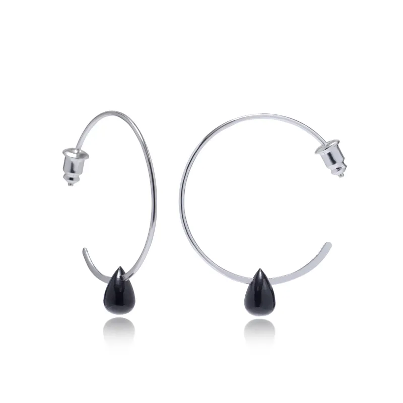 Hera Wire Hoop Earrings with Teardrop Stone: Silver Black Onyx sold by Azuni London
