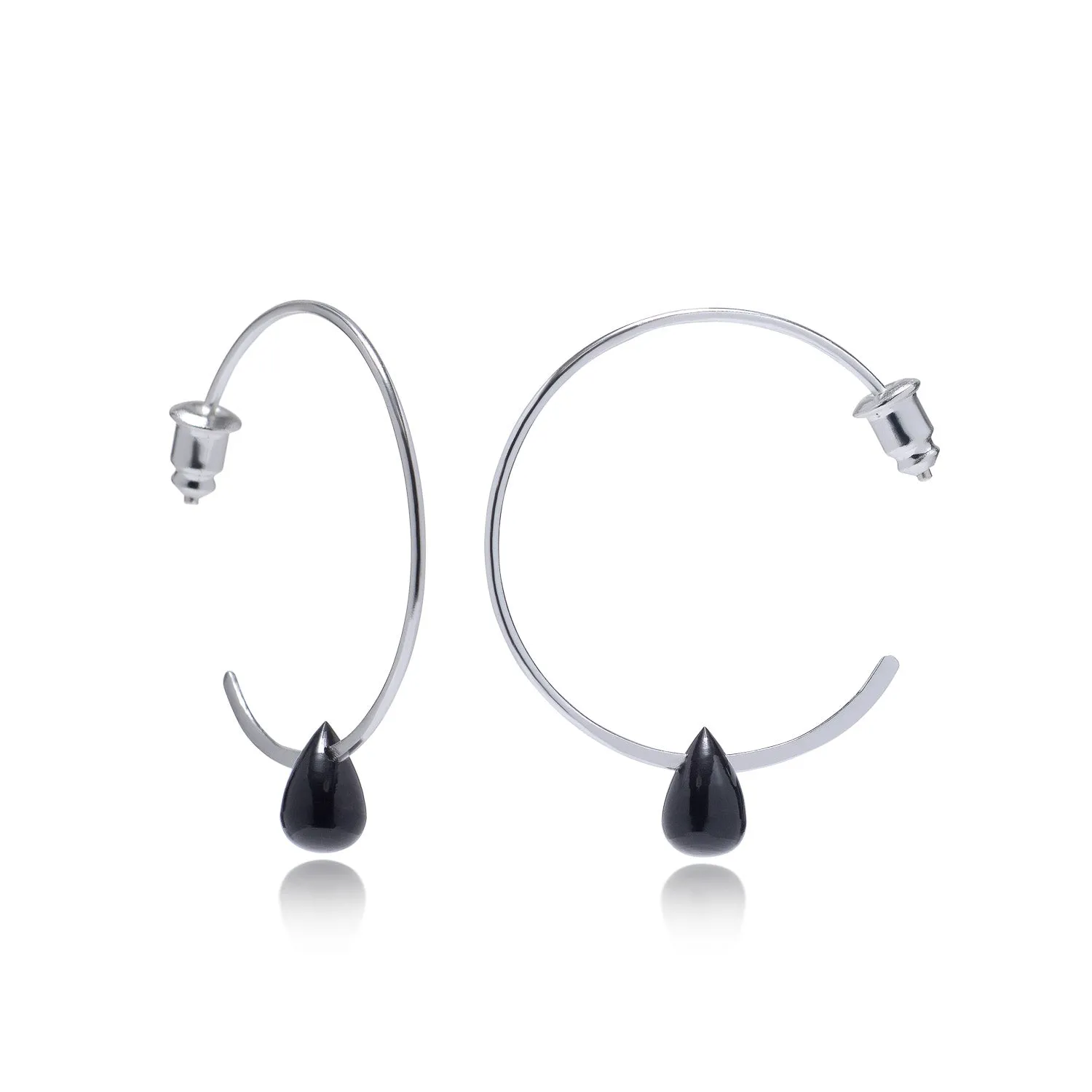 Hera Wire Hoop Earrings with Teardrop Stone: Silver Black Onyx sold by Azuni London