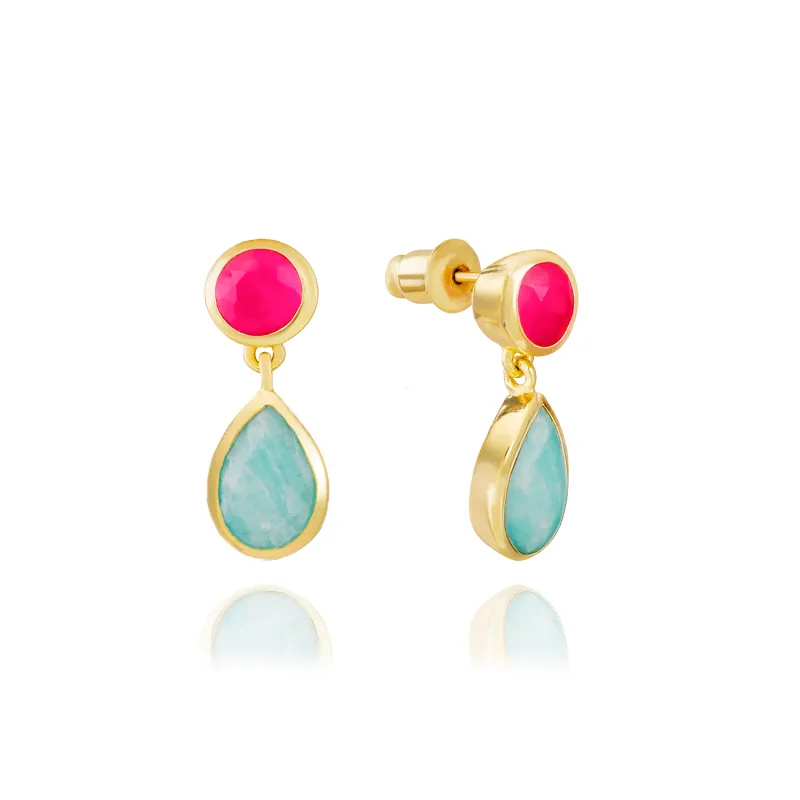 Gold Double Gemstone Drop Earrings with Fuchia Onyx & Amazonite sold by Azuni London