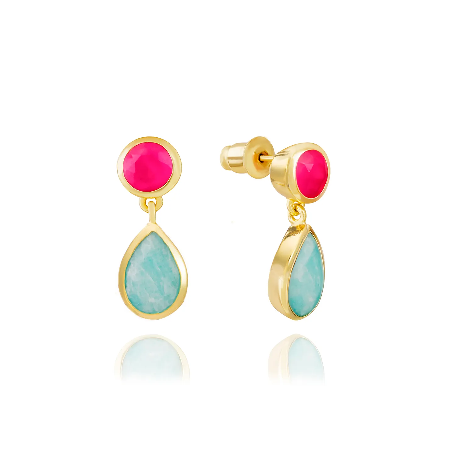 Iris Double Gemstone Drop Earrings with Fuchsia Onyx & Amazonite sold by Azuni London