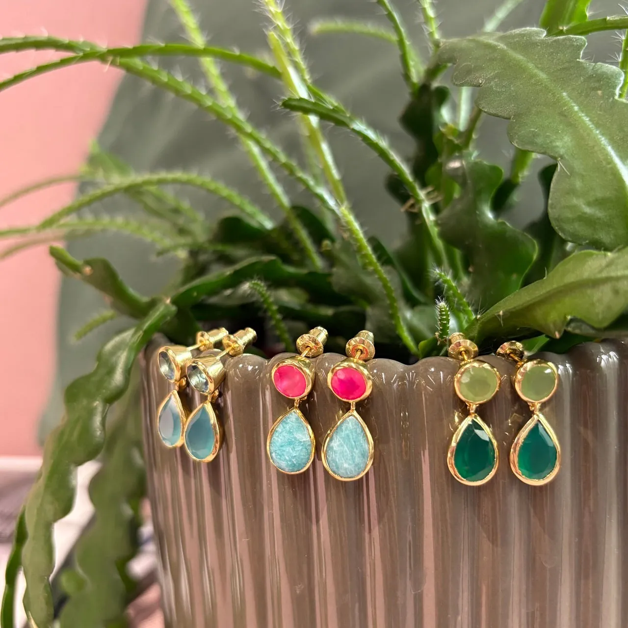 Iris Double Gemstone Drop Earrings with Fuchsia Onyx & Amazonite sold by Azuni London product image thumbnail 2