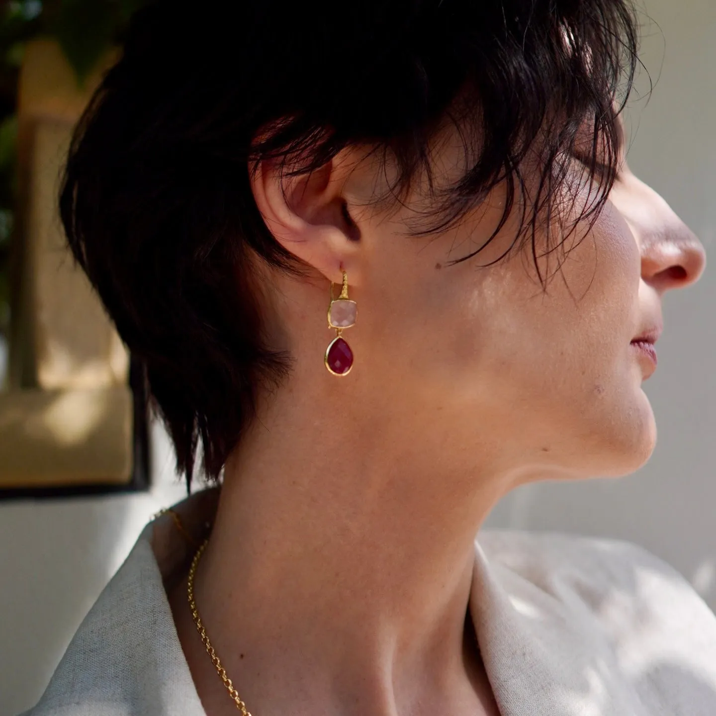 Charis Double Gemstone Earrings Rose Quartz & Ruby sold by Azuni London product image thumbnail 2