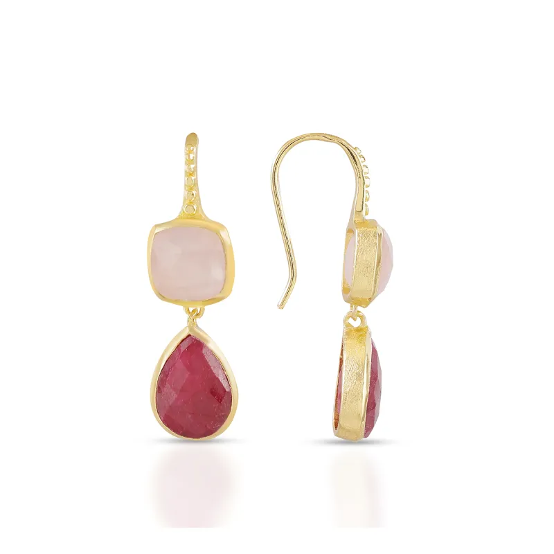 Charis Double Gemstone Earrings Rose Quartz & Ruby sold by Azuni London