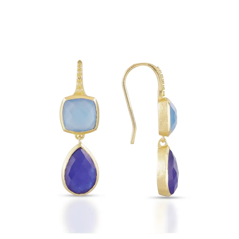 Charis Double Gemstone Earrings Blue Chalcedony & Blue Jade sold by Azuni London