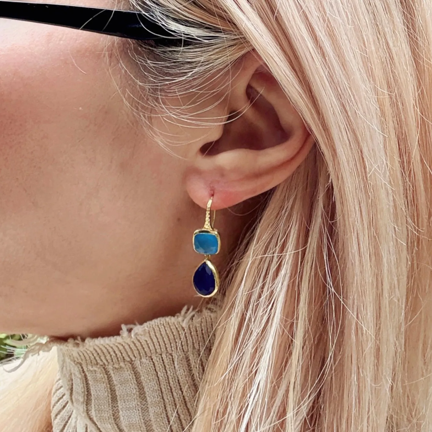Charis Double Gemstone Earrings Blue Chalcedony & Blue Jade sold by Azuni London product image thumbnail 3