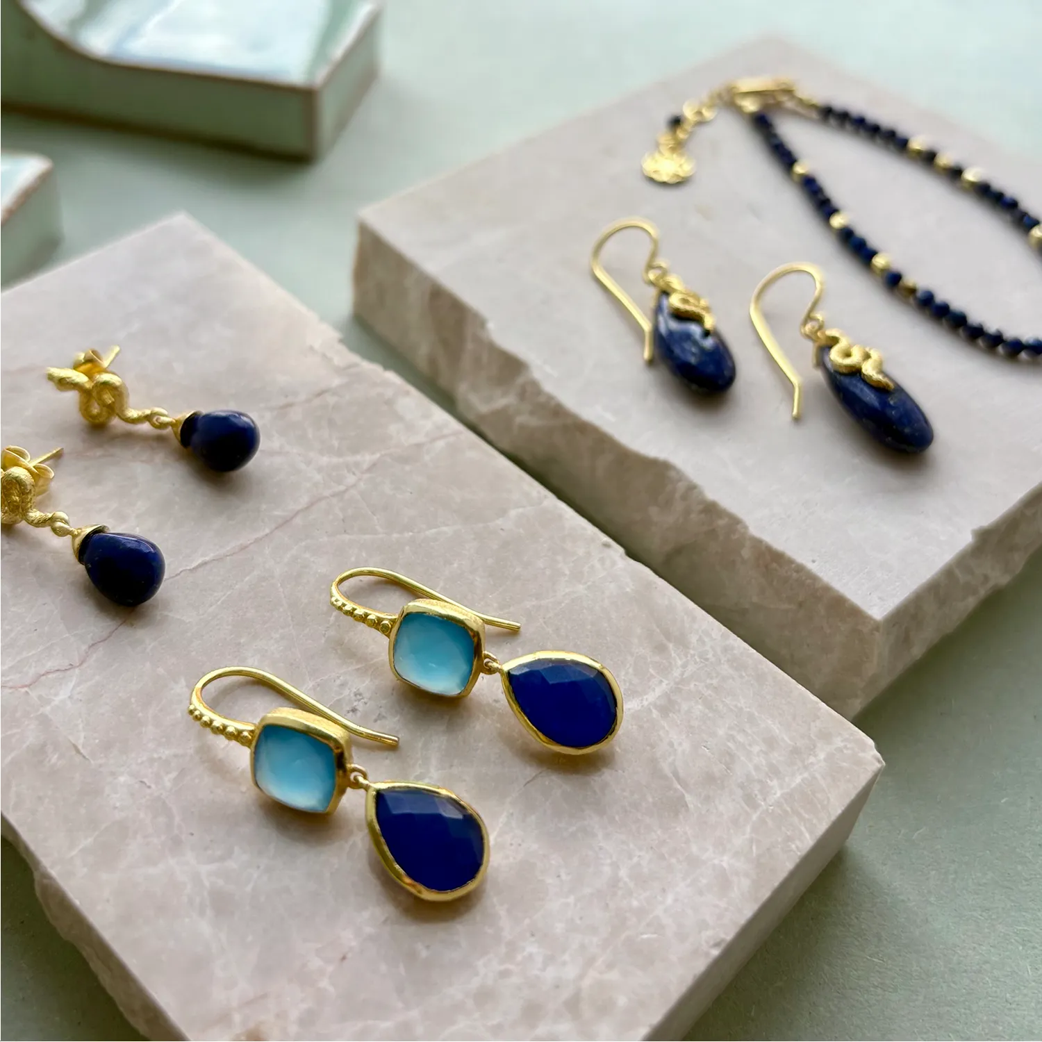Charis Double Gemstone Earrings Blue Chalcedony & Blue Jade sold by Azuni London product image thumbnail 2