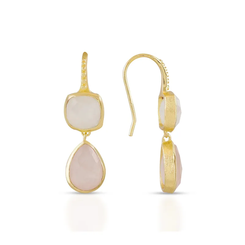 Charis Double Gemstone Earrings Moonstone & Rose Quartz sold by Azuni London