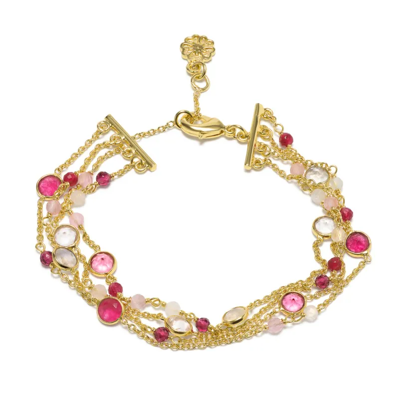Hydra Multi-Strand Gold Chain and Gemstone Bracelet Moonstone, Rose Quartz, Pink Jade & Pink Tourmaline sold by Azuni London