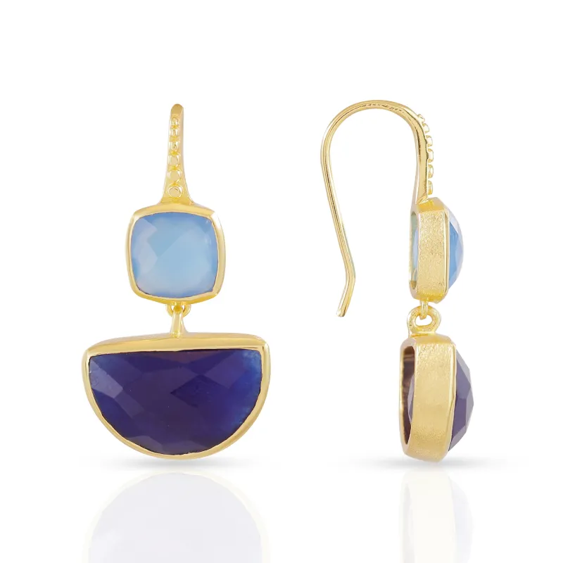 Charis Halfmoon Double Gemstone Earrings Blue Chalcedony & Blue Jade sold by Azuni London