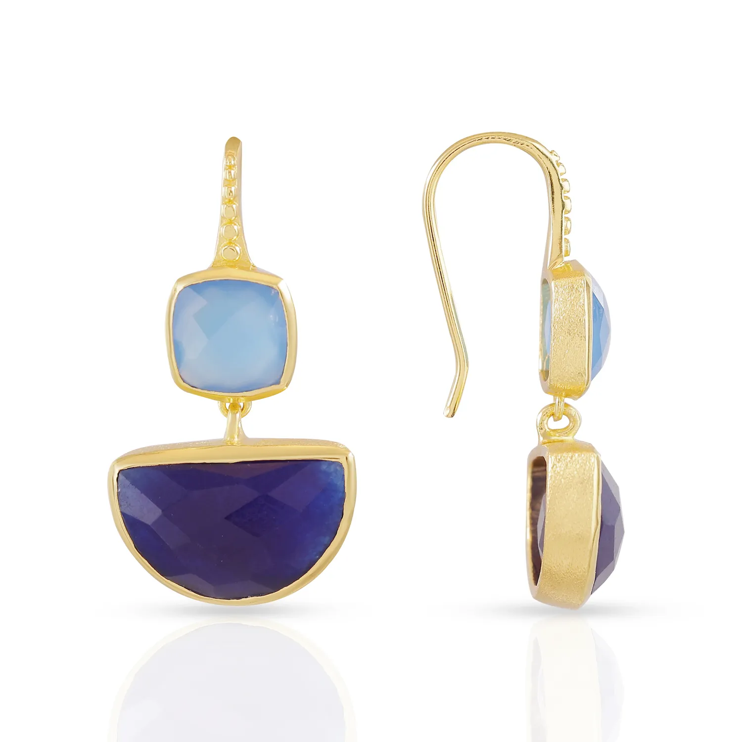 Charis Halfmoon Double Gemstone Earrings Blue Chalcedony & Blue Jade sold by Azuni London