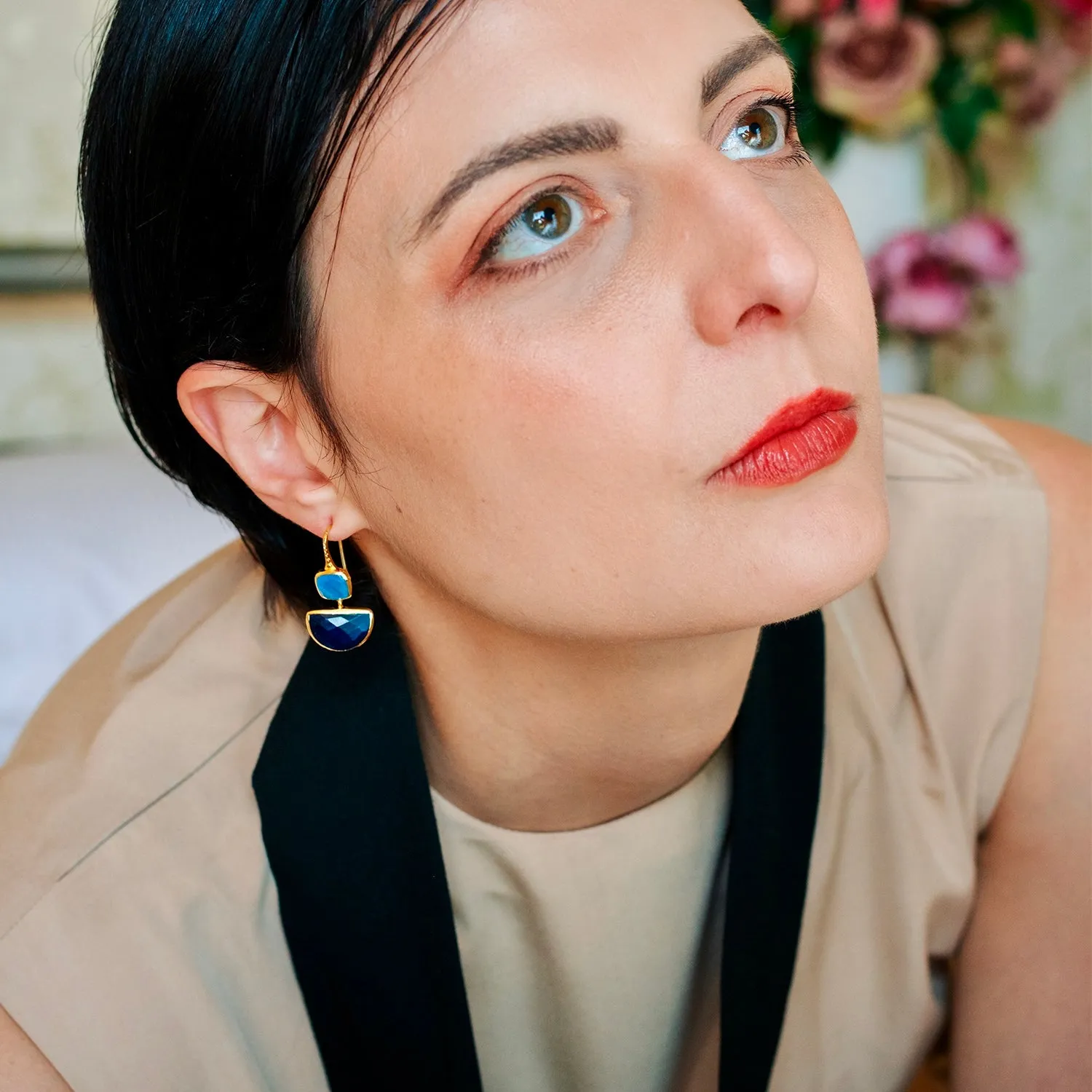 Charis Halfmoon Double Gemstone Earrings Blue Chalcedony & Blue Jade sold by Azuni London product image thumbnail 2