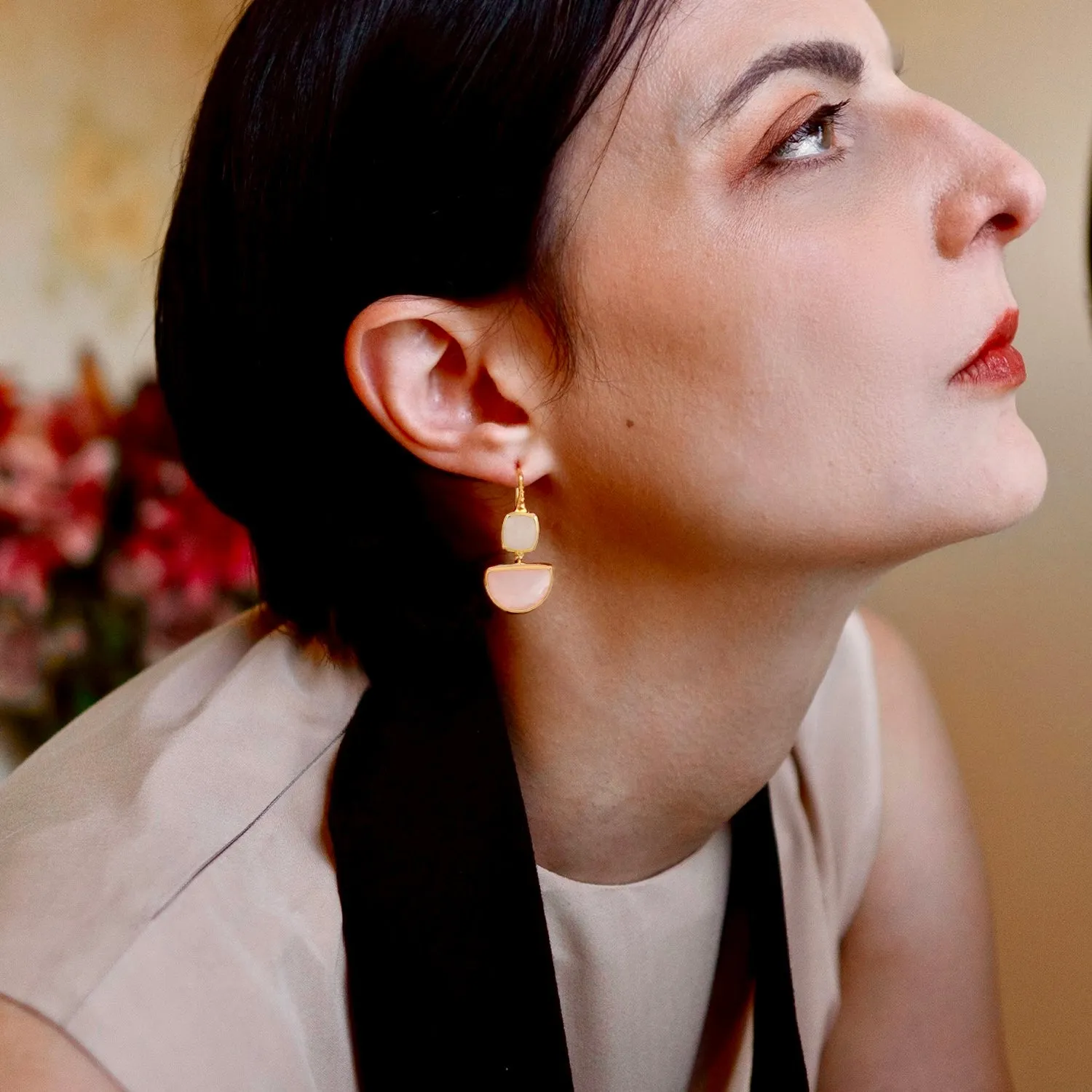 Charis Halfmoon Double Gemstone Earrings Moonstone & Rose Quartz sold by Azuni London product image thumbnail 2