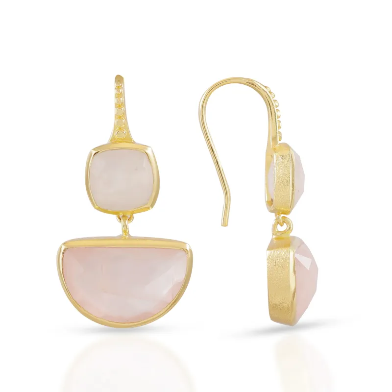 Charis Halfmoon Double Gemstone Earrings Moonstone & Rose Quartz sold by Azuni London