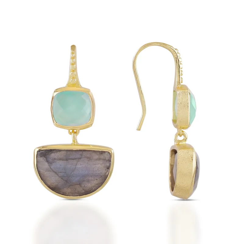 Charis Halfmoon Double Gemstone Earrings Pariba Onyx & Labradorite sold by Azuni London