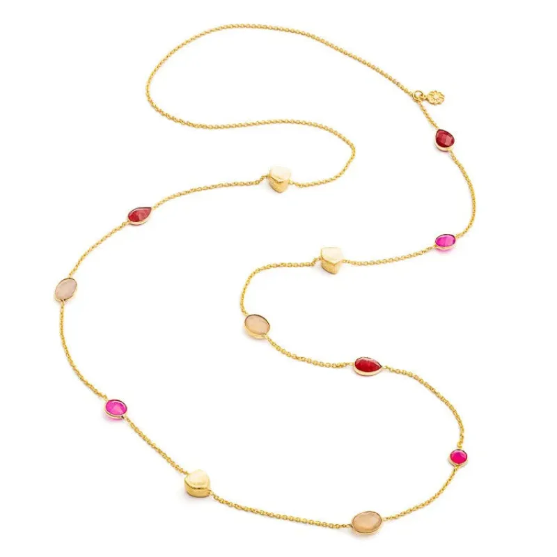 Penelope Multi-Stone Necklace: Fuschia Onyx, Peach Moon stone & Red Jade sold by Azuni London